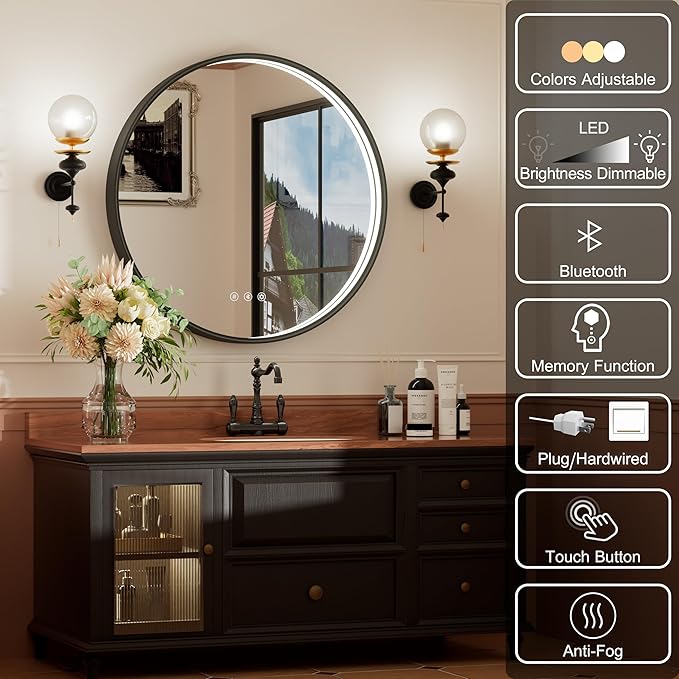 36 Inch Round LED Bathroom Mirror with Bluetooth, Black Lighted Bathroom Mirror Wall Mounted, Dimmable, Anti-Fog, 3000K/4500K/6000K
