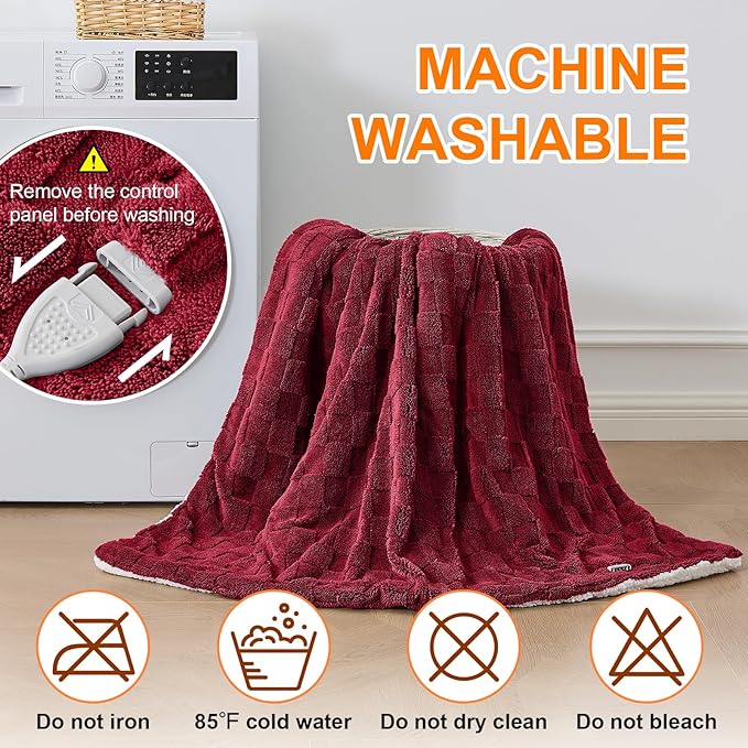 Electric Heated Blanket Full Size - Jacquard Checkered Sherpa 72"x84" Fast Heating Bed Blankets with 6 Heating Levels & 10 Hours Auto Off, Over-Heat Protection ETL, Red