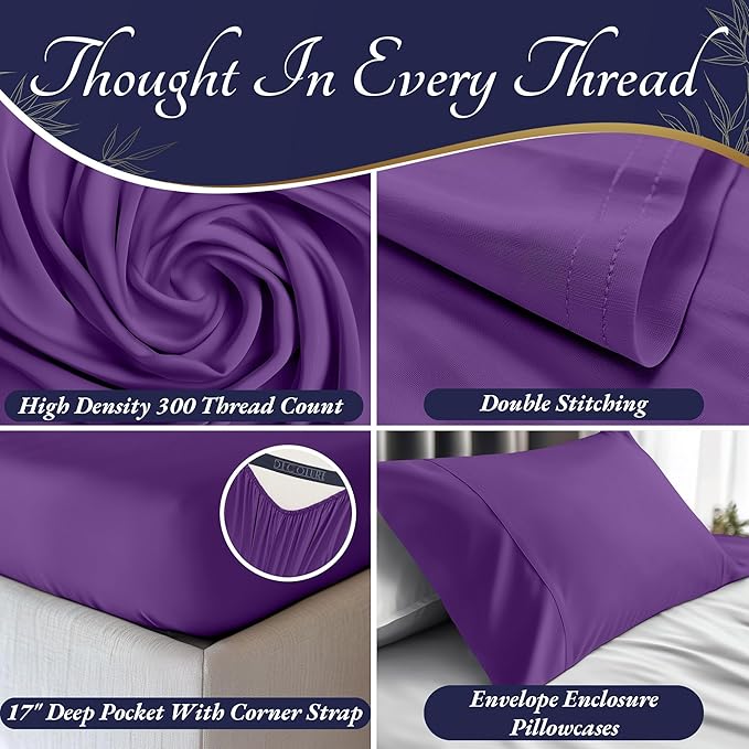 DECOLURE 100% Viscose Derived from Bamboo Sheets Queen Size 4pcs - Ultra Soft & Luxuriously Cooling, 17" Deep Pocket, Double Stitching, Perfect for Hot Sleepers - Queen Bed Sheets (Purple)