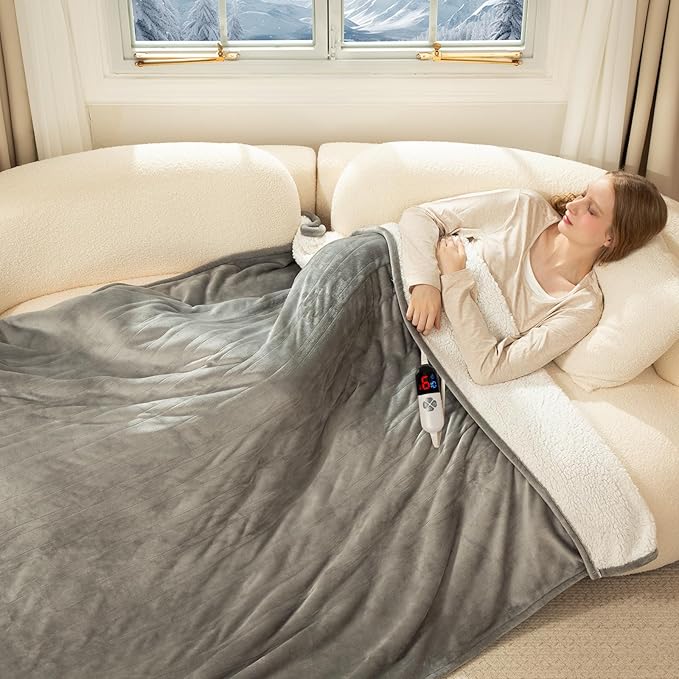 Heated Blanket Full Size - 72" x 84" Electric Blanket Full with Fast Heating, 10 Timer Settings, 6 Heat Settings, Washable Flannel Sherpa Heating Blanket, Overheat Protection, Grey