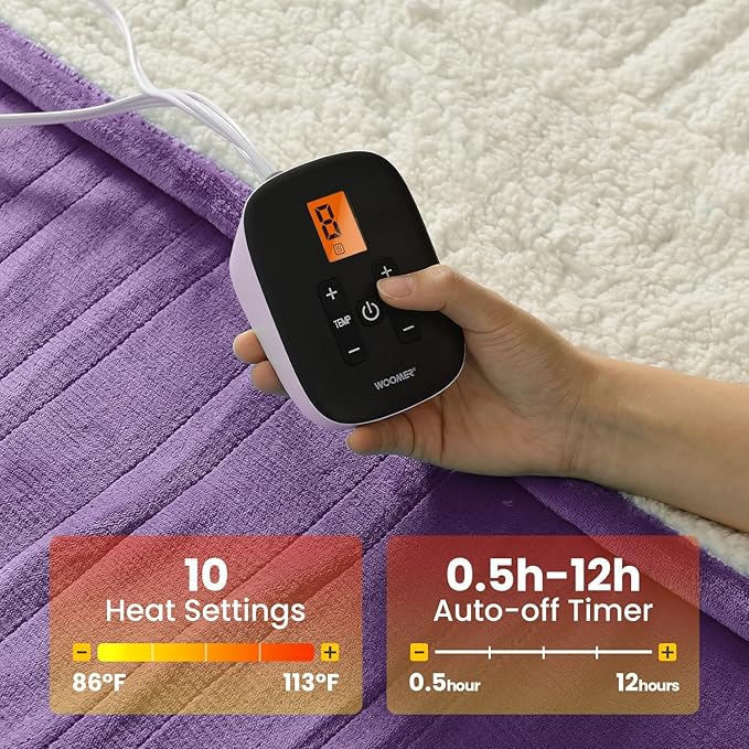 WOOMER [5-Year Warranty Electric Blanket Full Size,Durable Flannel and Soft Sherpa,Dual Control,77”×84” Heated Throw Blanket, 10 Heat Levels&0.5-12h auto-Off,Energy Efficient,ETL Certified
