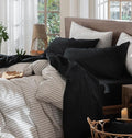 MooMee Bedding Sheet Set 100% Washed Cotton Linen Like Textured Breathable Durable Soft Comfy (Solid Black, Full)