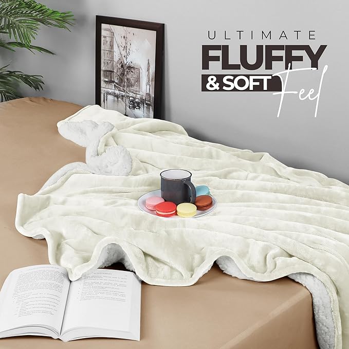 Utopia Bedding Sherpa Blanket Throw Size (Ivory, 50x60 Inches) - Soft Lightweight Plush Fleece Reversible Blanket for Bed, Sofa, Couch, Camping and Travel
