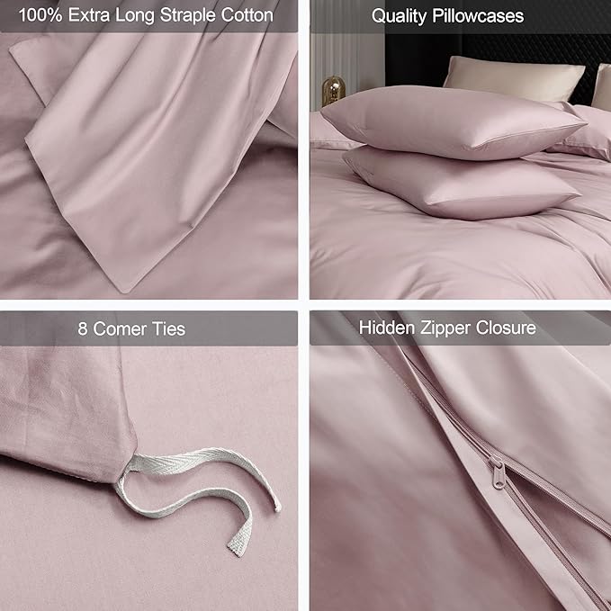 MooMee Duvet Cover Set 100% Extra Long Staple Cotton 600 Thread Count Silky Sateen Smooth Luxury Soft Breathable Durable Hotel Quality Bedding, 3 Pieces (Pale Mauve, Queen 90"x90")