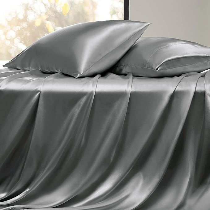 Bedsure Satin Sheets Full Size - 4 Piece Silky Bedsheets with 15 Inches Deep Pocket Fitted Bedsheet,1 Flat Sheet, 2 Satin Pillowcases, Good for Hair & Skin (Full, Dark Grey)