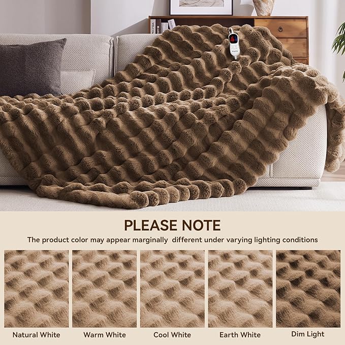 Heated Blanket Queen Size with 1/2/4/6/8 Hours Auto-Off 10 Heat Level, 72'' * 84'' Cozy Faux Rabbit Fur Bubble Electric Blanket with Overheat Protection(Brown)