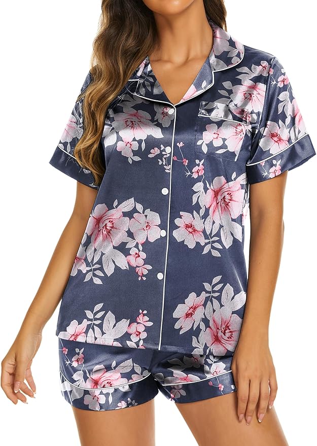 Ekouaer Pajamas for Women Set Silk Satin Pjs Shorts Sleepwear 2 Piece Loungewear S-XXL