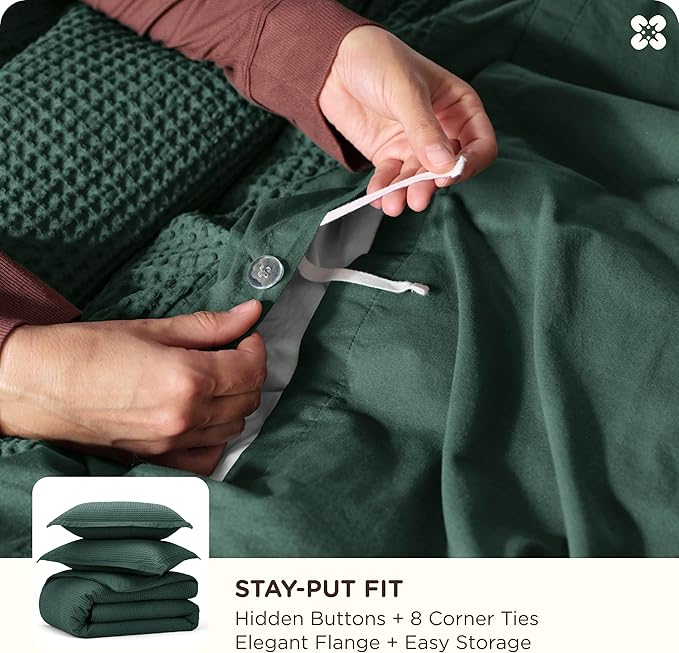 Bedsure Cotton Duvet Cover King - 100% Cotton Waffle Weave Forest Green Duvet Cover King Size, GentleSoft™ and Breathable Bedding Set for All Season, 3 Pieces, 104"x90"