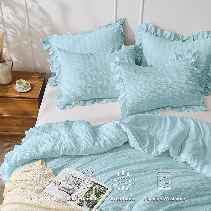 JOLLYVOGUE Blue Twin Size Comforter Set, 2 Pieces Seersucker Lightweight Fluffy Bedding Set, Twin Ruffle Comforter, All Season Soft Microfiber Shabby Chic Bed Set