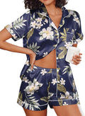 Ekouaer Women's Silk Satin Pajama Set Short Sleeve Pjs Shorts Set Comfy Button Down 2 Piece Sleepwear Loungewear