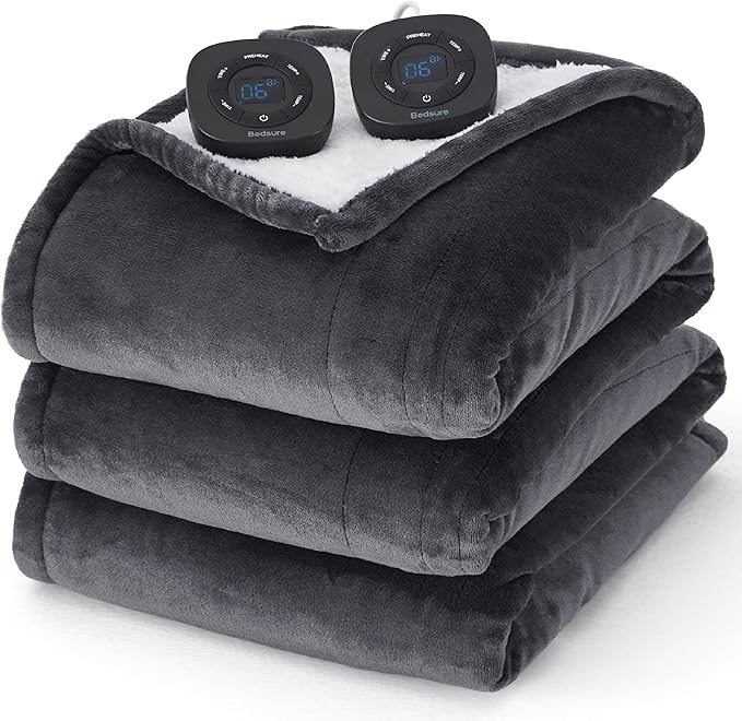 Bedsure Electric Blanket Queen Size - Dual Control Heated Blanket Queen, Fast Heating with 10 Time Settings & 10 Heat Settings, Warm Gift for Grandma (84x90 inches, Dark Grey)
