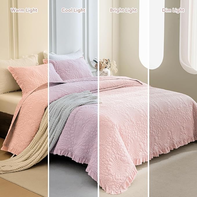 QSH Blush Stonewashed Cotton Oversized King Quilt Bedspread Set(128"x120"),3PCs Farmhouse Ruffle Bedspread California King,Ultra Soft Lightweight Crinkle Quilt Coverlet Bed Set with Pillow Shams
