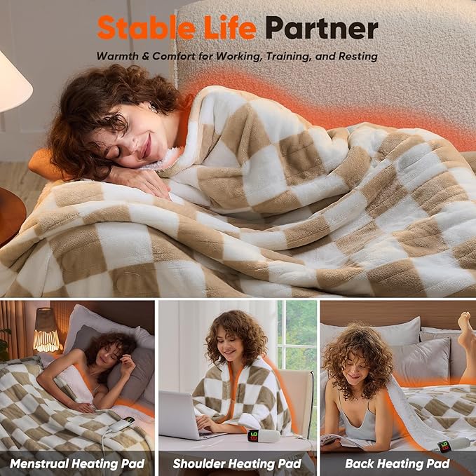 Light Brown Heated Throw Blanket Electric, 50X60 Heating Blanket with 10 Heat Levels & 8 Hours Auto Off for Lap, Checkered Plaid Soft Sherpa Blankets Warmer Gifts for Couch Grandma Women Adults