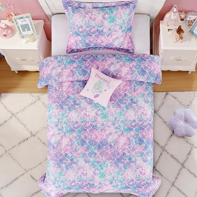 Full Size Comforter Set for Girls-4 Pieces Mermaid Glow in The Dark Full Bedding Sets for Kids, 1 Comforter, 2 Shams and 1 Decor Pillow