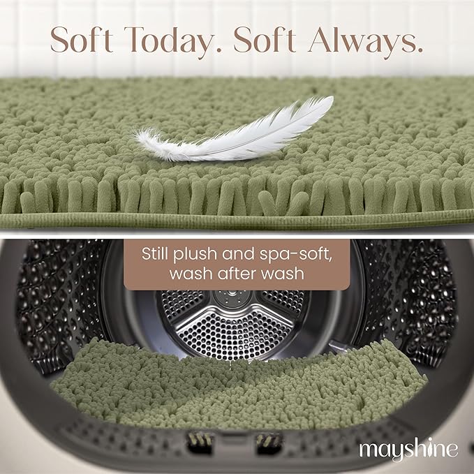 MAYSHINE Plush Shaggy Chenille Bath Mat | Extra Soft, Super Absorbent, Non-Slip Bathroom Rug | Fluffy Microfiber, Area Rug Sets for Bathroom Floor, Kitchen, Living Room | 23"x14" | Sage Green