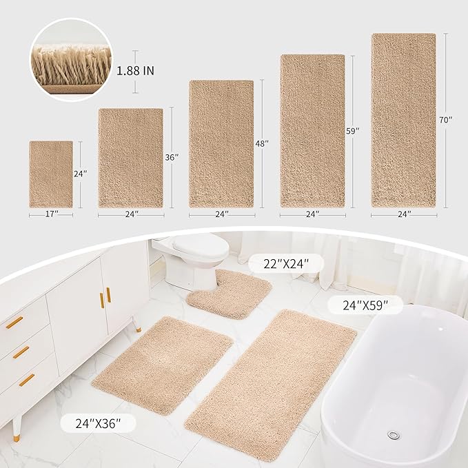 Beige Bathroom Runner Rug 24x70 Non Slip Fluffy Long Bath Mat for Bathroom Floor Washable Plush Luxury Large Bath Rug for Tub Absorbent Runner Rug for Bedside