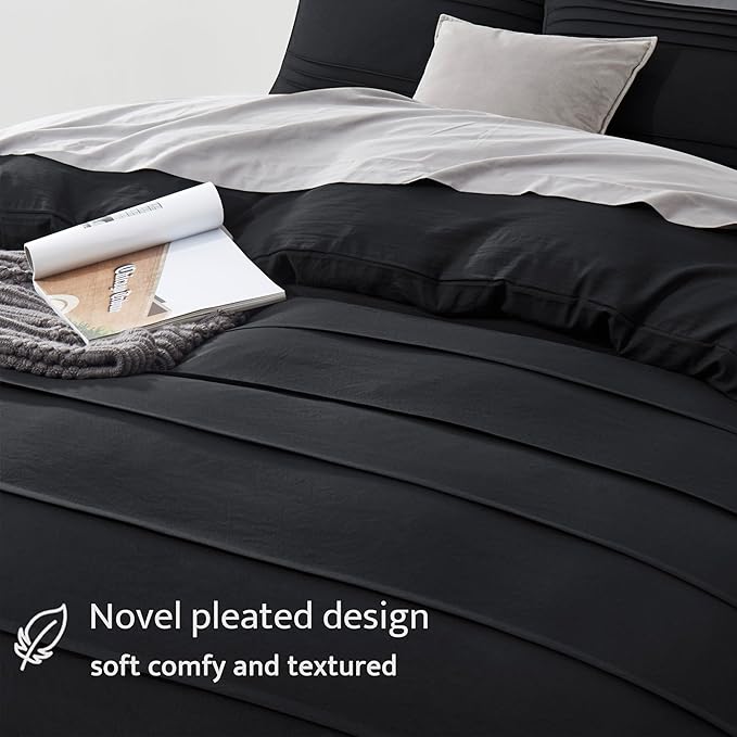 Oli Anderson Black Duvet Cover Queen Size - Pleated Queen Duvet Cover, 3PCS Soft and Breathable Textured Bedding Set with Zipper Closure(Black,90"x90")