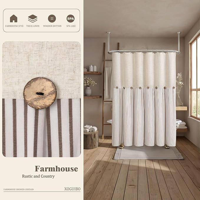 Farmhouse Shower Curtain Linen Beige Button Woven Fabric Country Rustic Western, Pleated Brown Stripe 60" W x 72" L