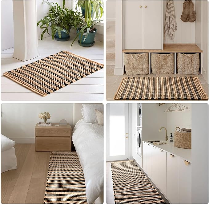 Waffle Runner Rug Bathroom, Long Boho Bathroom Rugs Non Slip Washable Super Absorbent Quick Dry Farmhouse Bath Decor, 72"x24" Black and Khaki