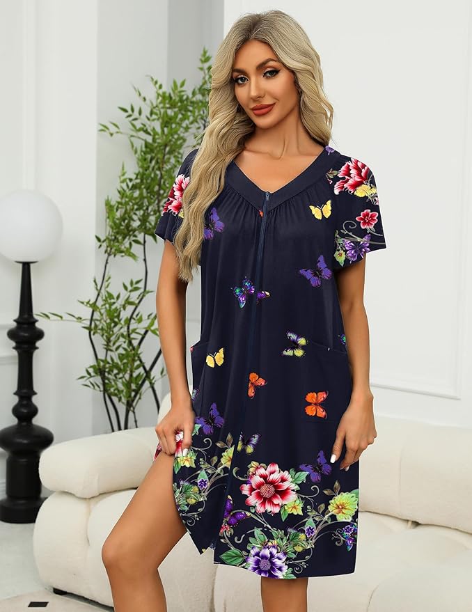 Ekouaer Women Robe Zipper Front Mumu Duster Robes Zip Up Housecoat Soft Sleepwear with Pockets S-3XL