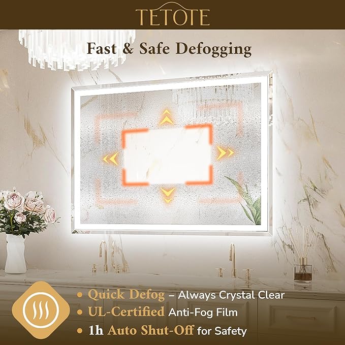TETOTE 48 x 24 Inch Led Lighted Bathroom Mirror with Lights, Beveled Front and Backlit Extra-Bright Light up Mirror for Bathroom Wall, 3-Color Dimmable, Defogging, Tempered Glass, Waterproof