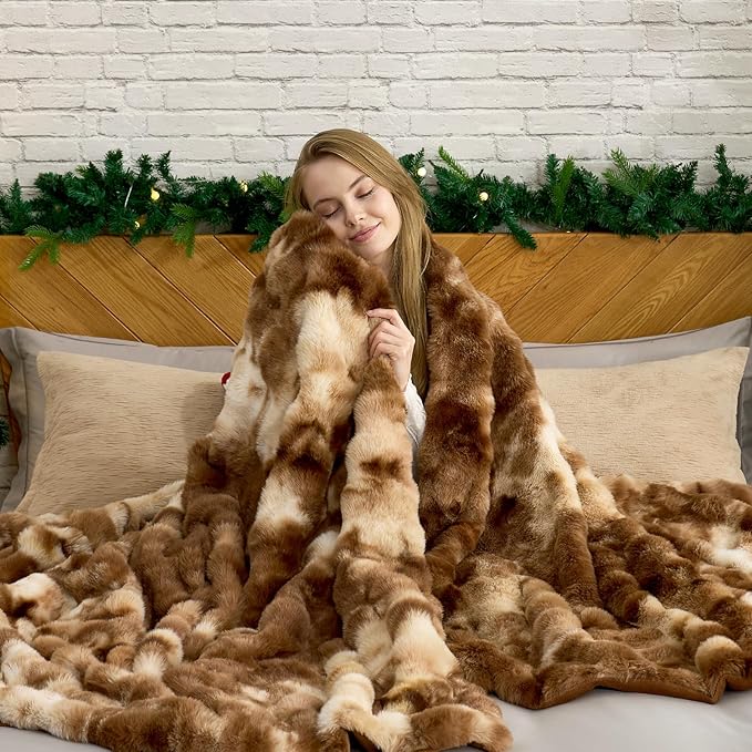 Cozy Bliss Faux Fur Throw Blanket Queen Size, Fuzzy Soft Plush Thick Bubble Blanket for Bed Couch Bedroom Living Room, 90x90 Inches Tie-dye Brown
