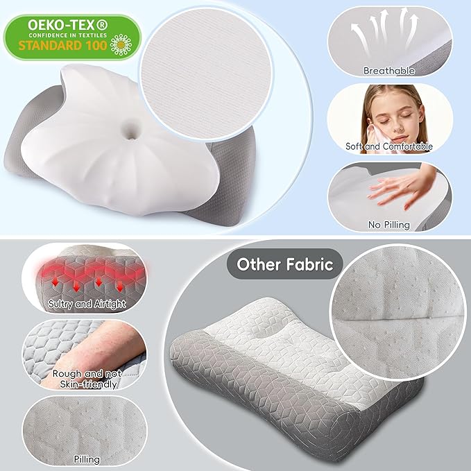 Cervical Neck Pillow, Ergonomic Side Sleeper Pillow for Pain Relief, Cooling Pillow for Sleeping, Neck and Shoulder, Contour Orthopedic Memory Foam Pillows for Back Stomach Sleepers White Grey