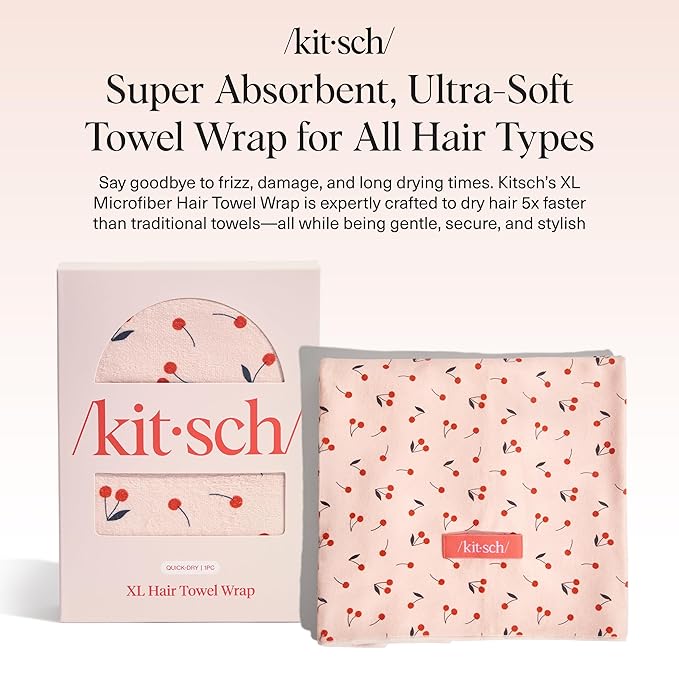 Kitsch XL Microfiber Hair Towel Wrap for Women – Ultra Absorbent Microfiber Towel for Wet, Curly, Long or Short Hair – Quick Dry, Anti-Frizz Hair Wrap – Cherry Print, 40x24 inches