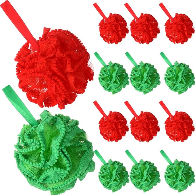 Duraaamo 12 Pcs Christmas Bath Loofah Sponge, Red Green Exfoliating Body Scrubber 50g Bath Shower Loofah Sponge Pouf Puff Mesh Shower Pouf Balls Soft Quick-Dry Cleanse Skin Accessories for Women Men