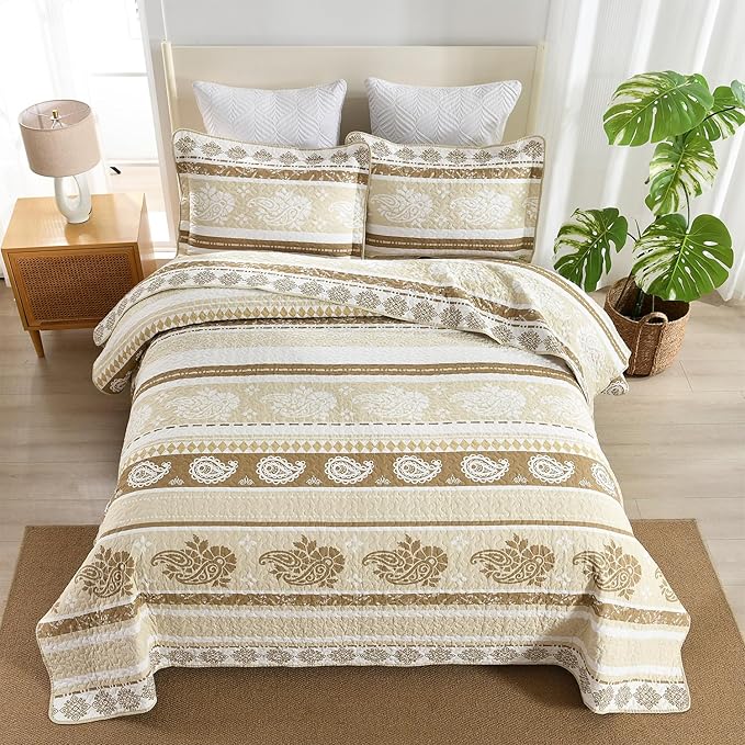 Bedding Set, King Size Quilt, Cotton Bedding Comforter Sets, Brown Taupe Striped Pattern Bed Set, Lightweight Reversible Bedspreads, Machine Washable Coverlet Neutral 3 Pieces