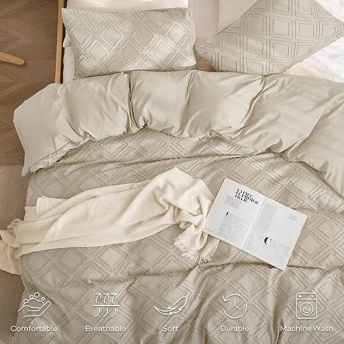 JELLYMONI Duvet Cover Queen Size Light Khaki - 3PCS Boho Duvet Cover Set Plaid Polyester Tufted Bohemian Jacquard Knit Textured Comforter Cover 90×90in Rhombic Geometric Pattern Zipper Corner Tie