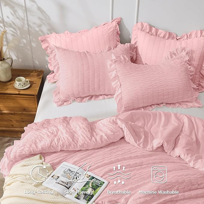 JOLLYVOGUE Pink Comforter Full Size, 3 Pieces Seersucker Lightweight Full Size Bedding, All Season Fluffy Microfiber Bedding Comforter Set with 1 Ruffle Comforter and 2 Ruffle Pillowshams