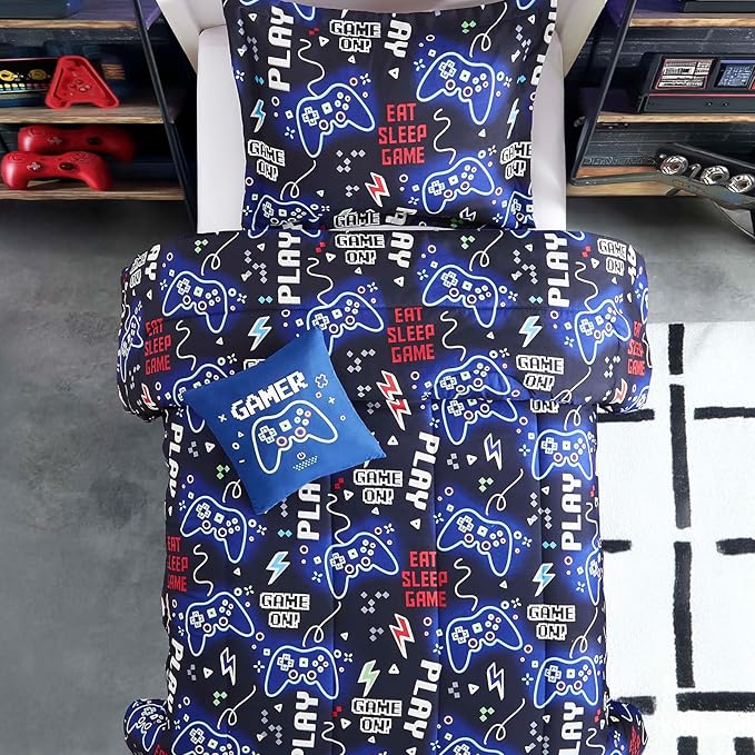 Full Size Comforter Set for Boys-4 Pieces Gamer Glow in The Dark Full Bedding Sets for Kids, 1 Comforter, 2 Shams and 1 Decor Pillow