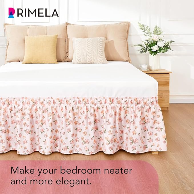 RIMELA Pink Rose Floral Bed Skirt Queen Size 15 Inch Drop, Elastic Bed Skirting for Bed Frame, Bedding Dust Ruffle Easy to Install, Lightweight Wrap Around Adjustable Bedskirt