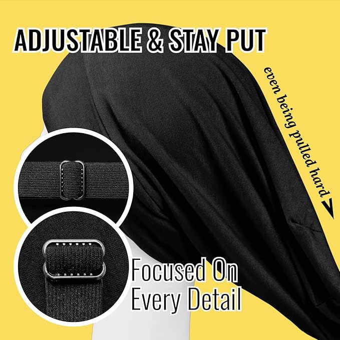 Satin Lined Sleep Cap and Scrunchie for Curly Hair and Braids, Stay On All Night Hair Wrap with Adjustable Strap for Women and Men, Black