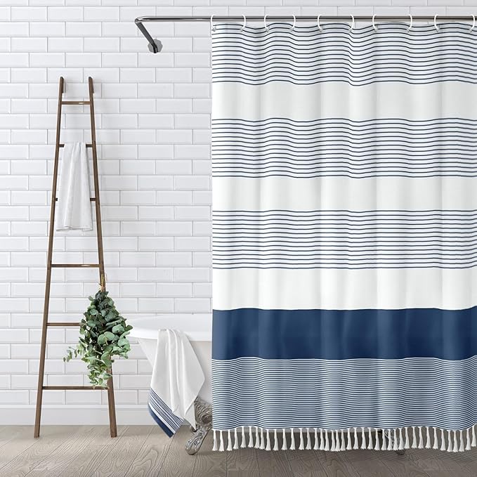 Awellife Navy Blue Shower Curtain for Bathroom Stripe Tassel Shower Curtain 84 X 72 Inches Farmhouse Cotton Wide