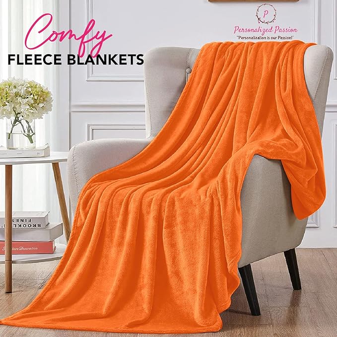 Personalized Blankets for Adults - Custom Blanket with Embroidered Name or Monogram - Soft Fleece Throw Cover for Bed & Couch - Orange (40"x60")