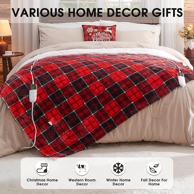 Electric Heated Blanket King Size, 90X100 Christmas Blanket with Dual Control&10 Heats Levels&Timer for Bed,Large Red Plaid Soft Sherpa Heating Blankets Warmer Gifts for Grandma Women Adults