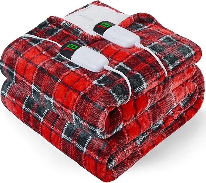 Electric Heated Blanket King Size, 90X100 Christmas Blanket with Dual Control&10 Heats Levels&Timer for Bed,Large Red Plaid Soft Sherpa Heating Blankets Warmer Gifts for Grandma Women Adults