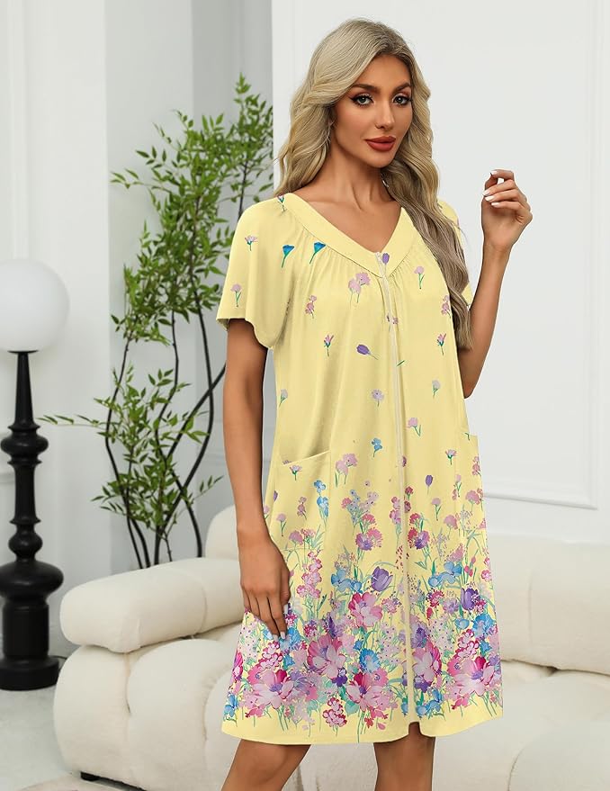 Ekouaer Women Robe Zipper Front Mumu Duster Robes Zip Up Housecoat Soft Sleepwear with Pockets S-3XL