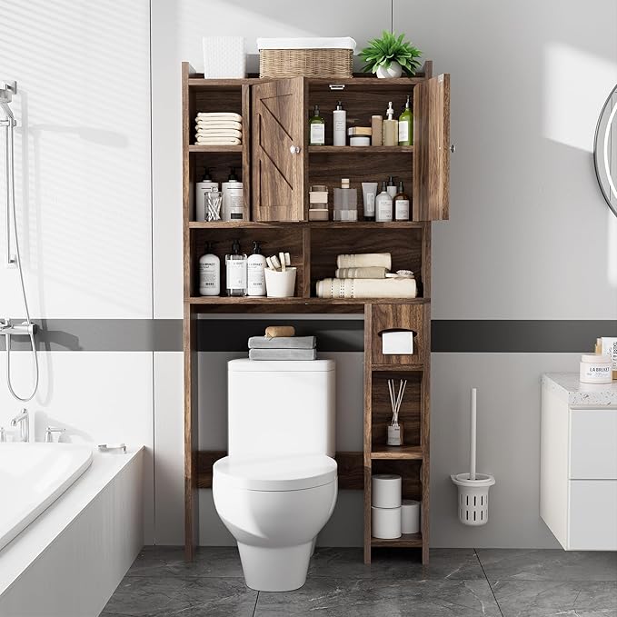 Meilocar Over The Toilet Storage Cabinet, Bathroom Over Toilet Storage Cabinet, Bathroom Storages Organizer Cabinets with Toilet Paper Holder and Adjustable Shelf, Walnut
