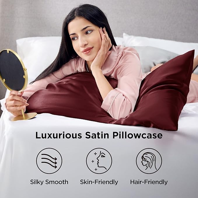 Bedsure King Size Satin Pillowcase Set of 2 - Christmas Pillow Cases for Hair and Skin with Envelope Closure, Similar to Silk Pillow Cases, Gifts for Women Men, Burgundy, 20x36 Inches, 2pcs