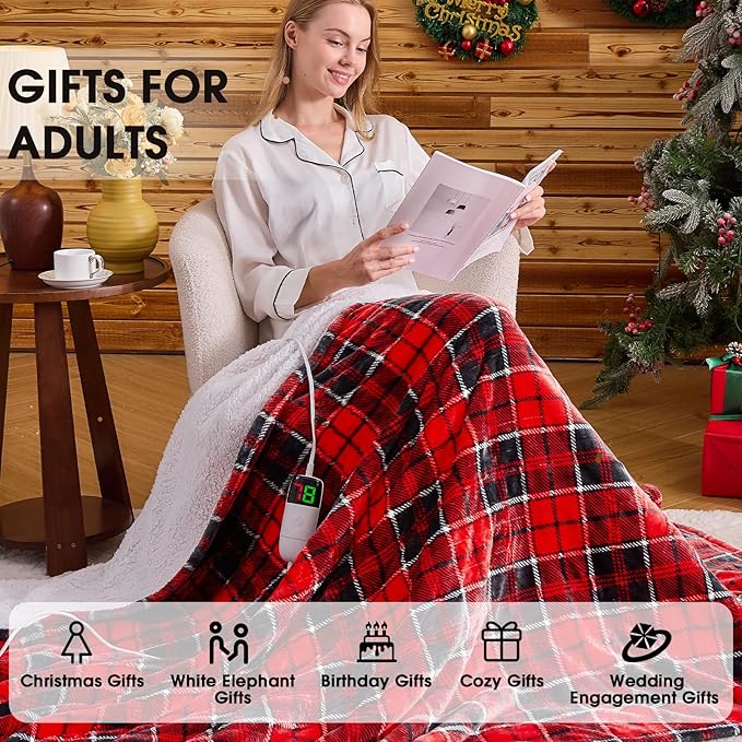 Electric Heated Blanket King Size, 90X100 Christmas Blanket with Dual Control&10 Heats Levels&Timer for Bed,Large Red Plaid Soft Sherpa Heating Blankets Warmer Gifts for Grandma Women Adults