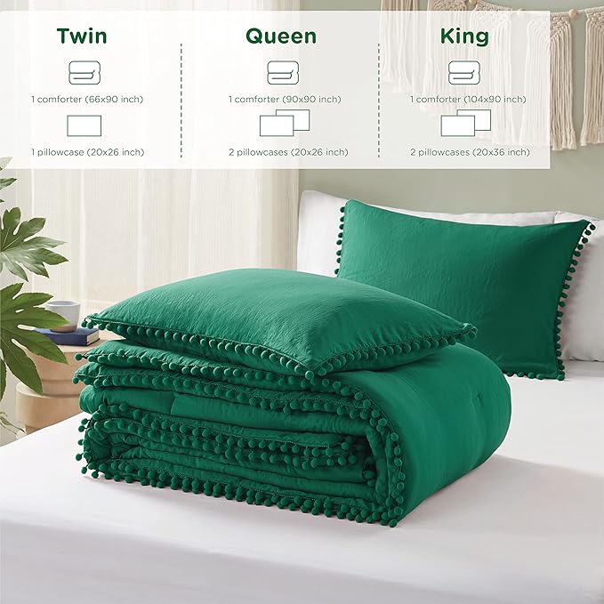 Codi Emerald Green King Comforter Set - Boho Chic Bedding with Elegant Pom Fringe, Soft Washed Microfiber 3pc Luxury Set, Lightweight & Breathable for Master Bedroom, 1 Comforter & 2 Pillow Shams