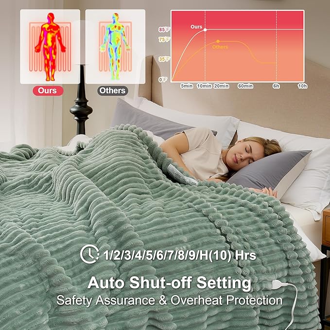 Hansleep Heated Blanket Queen Size Electric Throw Dual Control, Heating Blanket with 9 Heating Levels and 10-Hour Timer Auto Shut Off, Washable Soft Warm Winter Blanket, 80 x 90 Inches, Green