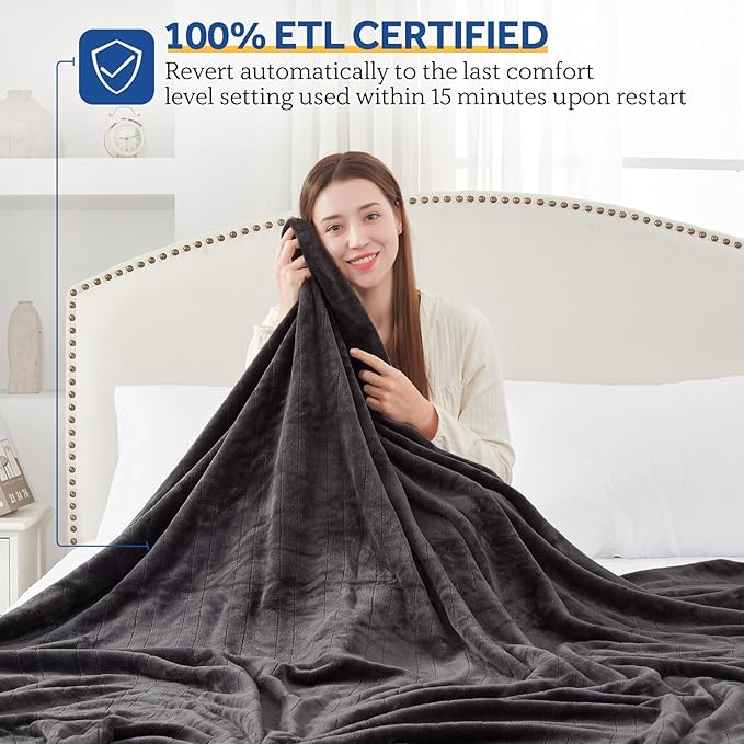 Sealy Heated Electric Blanket Full Size, Flannel Electric Blanket with 10 Heating Levels & 1-12 Hours Auto Shut Off, Fast Heating Warming Blanket, Machine Washable, Grey, 80 x 84 Inch
