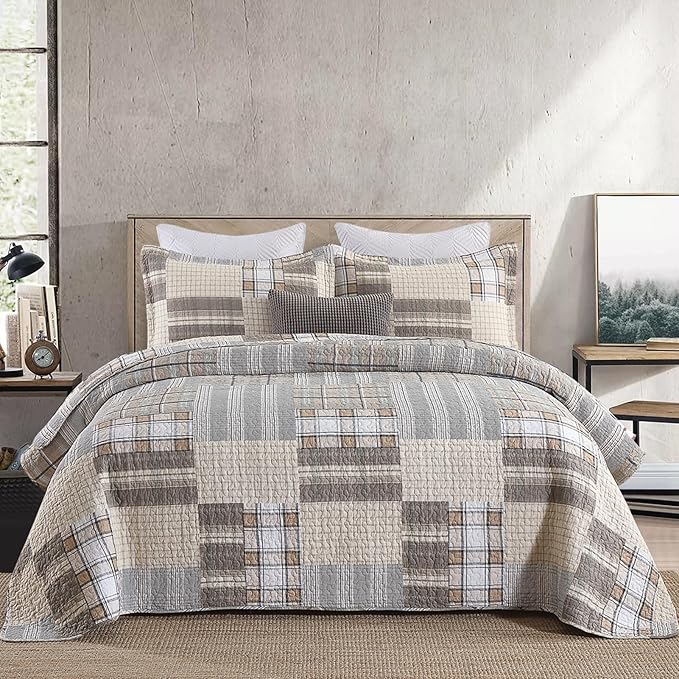 KALOOLA 100% Cotton Quilts King Size 3 Pieces, Farmhouse Plaid King Quilt Bedding Sets, Brown Rustic King Size Bedspreads, Reversible Lightweight King Coverlet for All Seasons