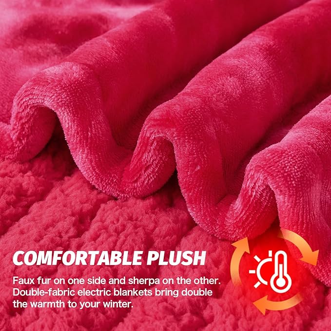 greenoak Heated Electric Blanket Throw, Faux Fur Sherpa Heating Blanket for Sofa Bed, Warm Winter Gifts for Mom/Grandma, Heater Lap Blankets 5-Position Timer &10 Heating Levels 72''*84" Red