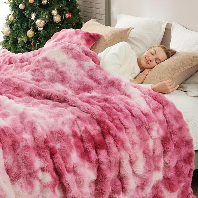 Cozy Bliss Faux Fur Throw Blanket for Couch, Bubble Plush Blanket King Size, Fuzzy Soft & Thick Blanket for Bed Sofa Living Room, 108x90 Inches Tie-dye Pink