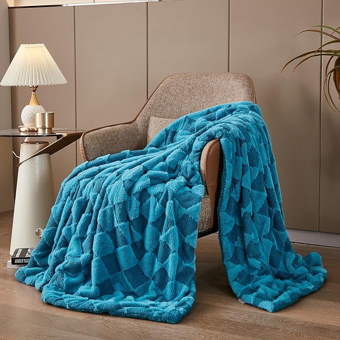 PU MEI Luxury Faux Fur Rabbit Fur Throw Blanket Blue 60"*80",Soft Plush Reversible Sherpa Blankets,Twin Fuzzy Elegant Blanket Thick Throws for Bed,Comfy Bedding Accent Blankets for Sofa Couch Chair